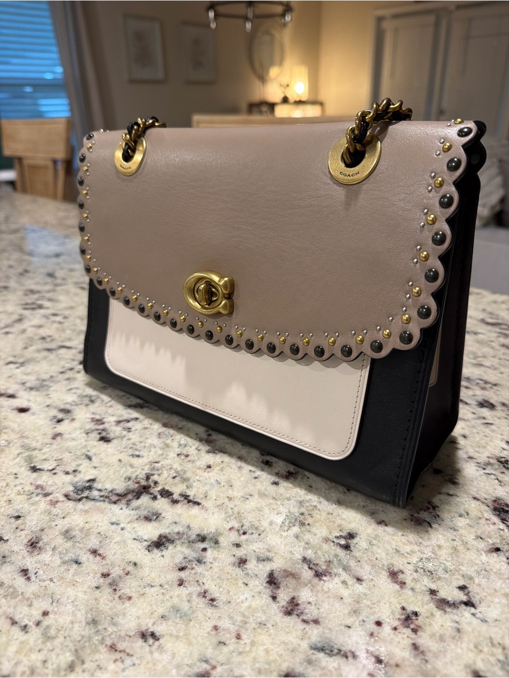 Coach Two-Tone Scalloped Edge Shoulder Bag in Taupe, Cream & Black